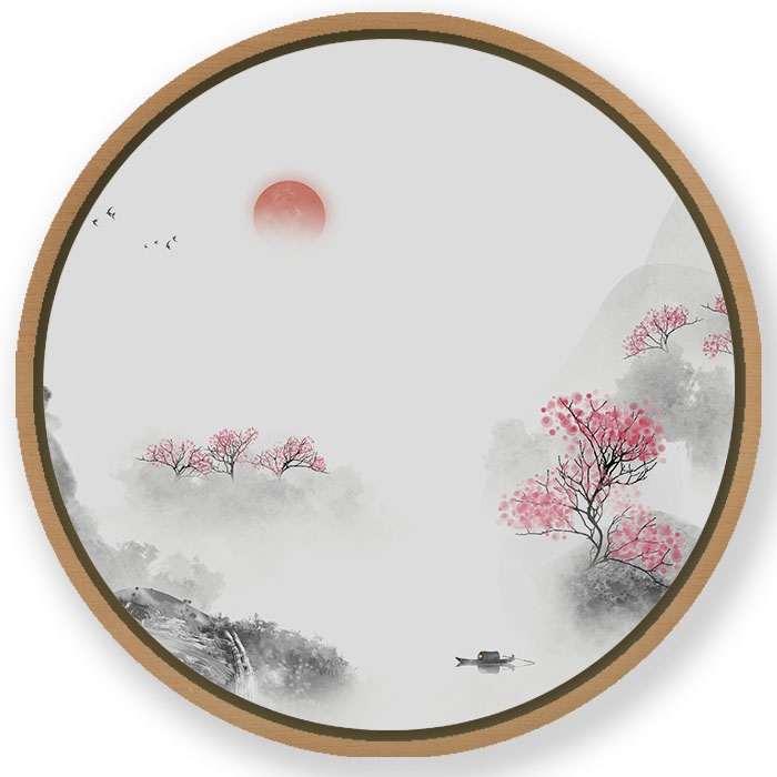 Hued japanese sun landscape - Circular Wooden Frame