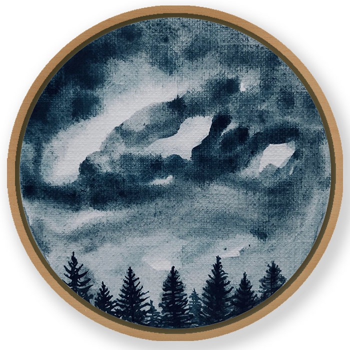 Indigo canvas forest landscape - Circular Wooden Frame
