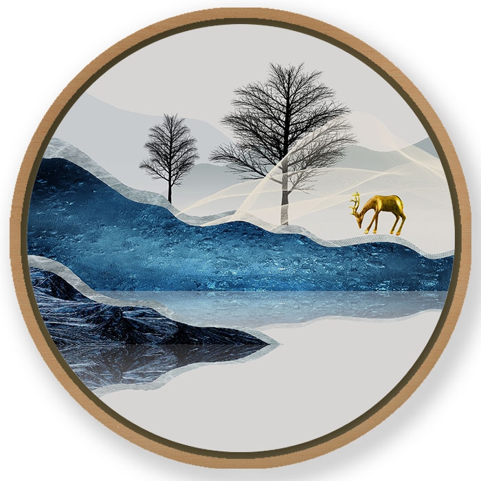 Indigo golden landscape #548 - Circular Wooden Frame