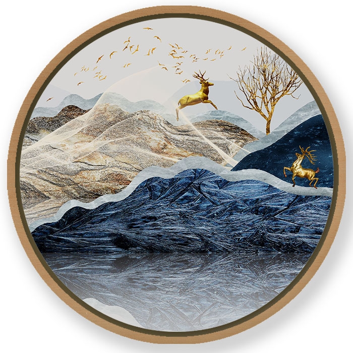 Indigo golden landscape  - Circular Wooden Frame