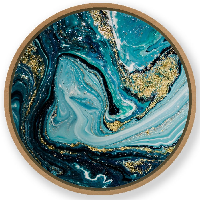 Sapphire indigo golden liquid abstract - Circular Wooden Frame