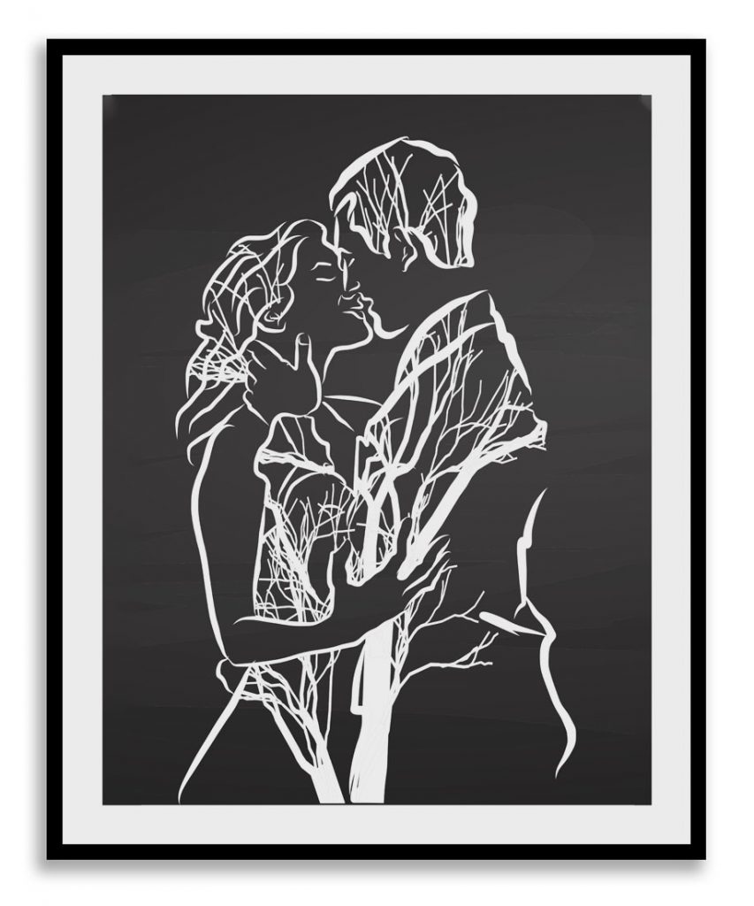 Black line art couple kissing