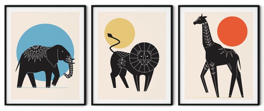 Set of 3 circle lion and elephant