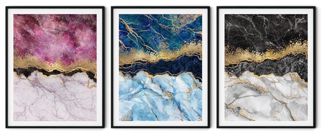 Set of 3 pink, black and blue marble abstract with golden lines
