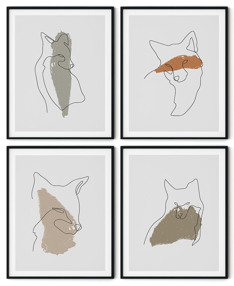 Set of 4 brushstroke line drawing animals