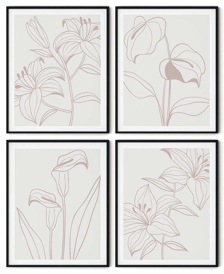 Set of 4 giant line drawing flower and plant
