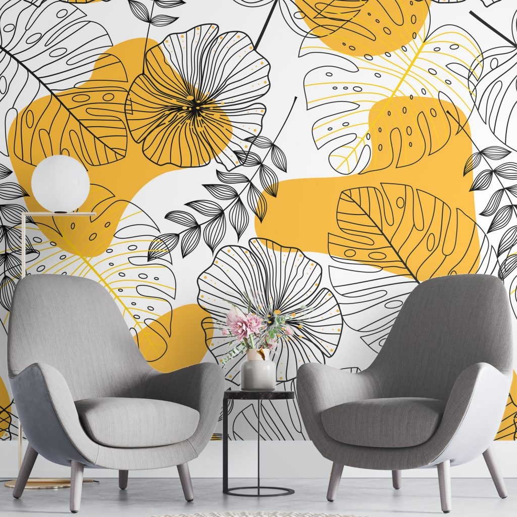 Seamless line drawing floral  - Mural Wallpaper, PVC Free, Non-Toxic