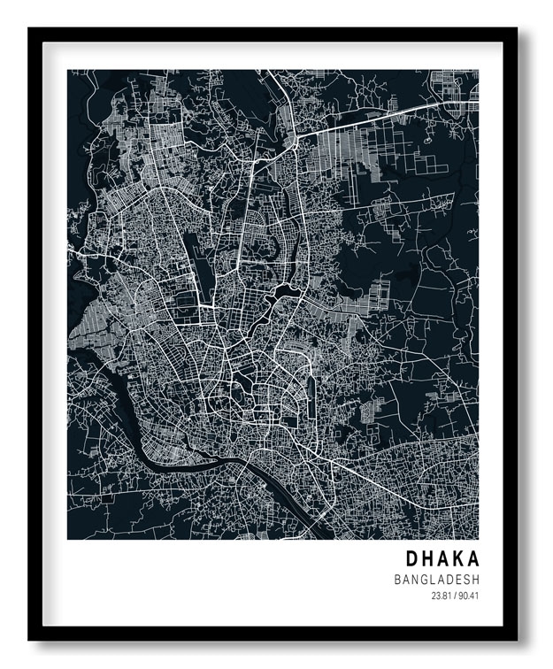 Pantone below blue map of Dhaka