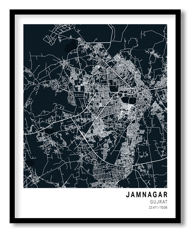 Pantone below blue map of Jamnagar