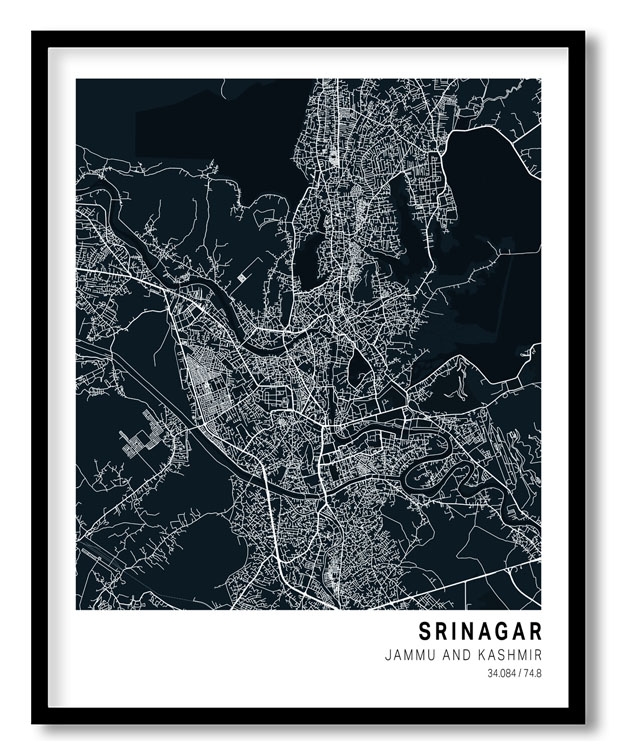 Pantone below blue map of Srinagar