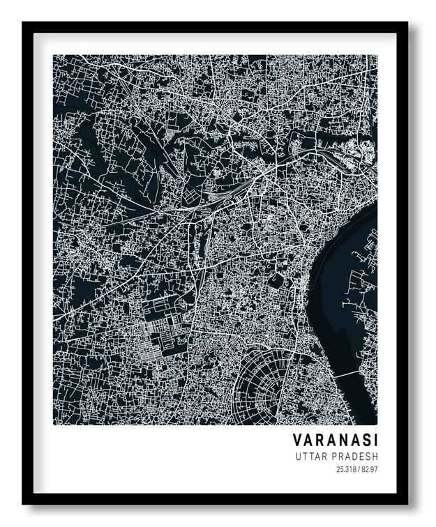 Pantone below blue map of Varanasi