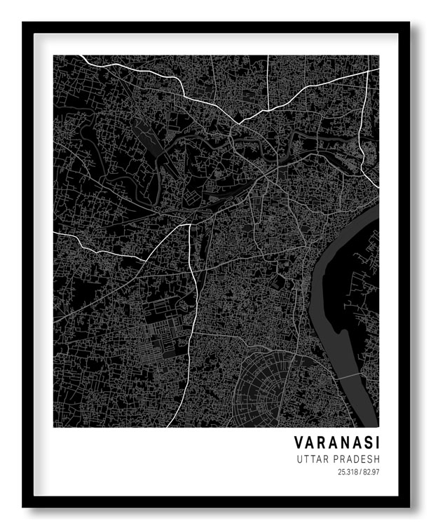 Pantone below black map of Varanasi