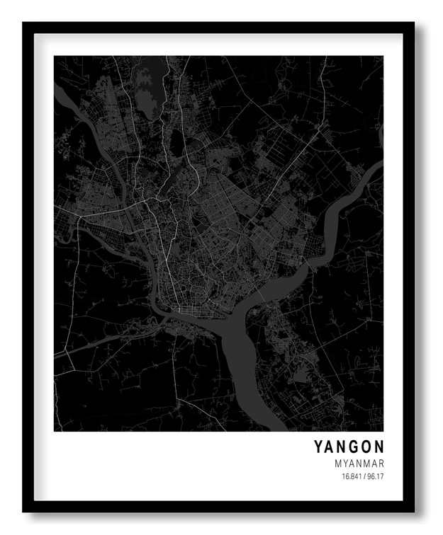 Pantone below black map of Yangon