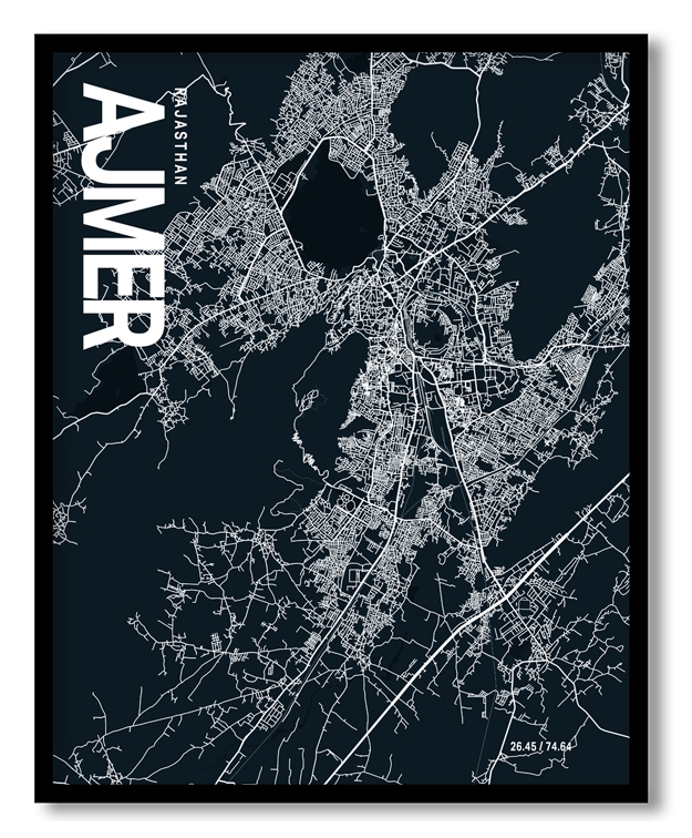 Ajmer Map Art, Dark Blue poster style, Ready to hang wall art