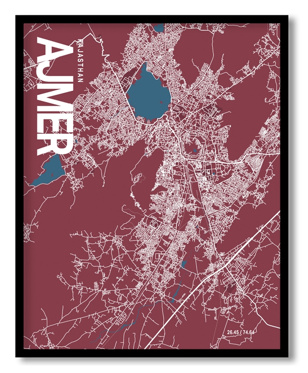 Ajmer Map Art, Red & Blue, Ready to hang, Framed Wall art