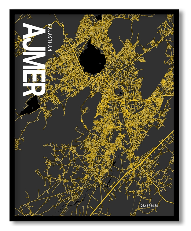 Ajmer Map Art, Yellow-Black, Poster style, Framed & Ready to hang wall art