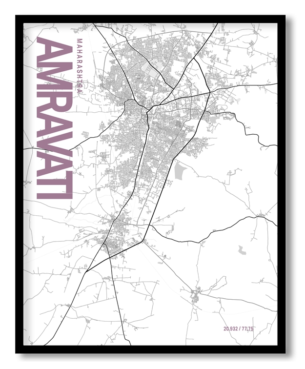 Amravati White Map Art, Poster style, Framed & Ready to hang wall art
