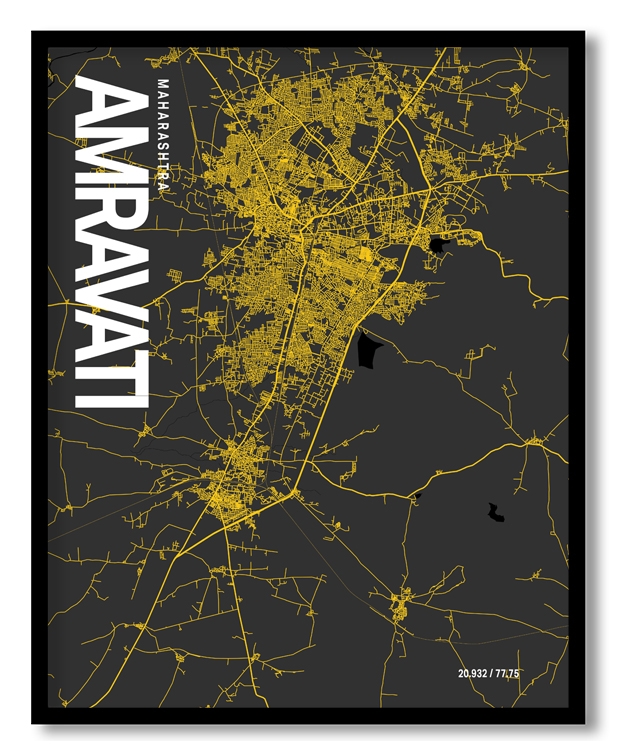 Amravati Map Art, Yellow-Black, Poster style, Framed & Ready to hang wall art