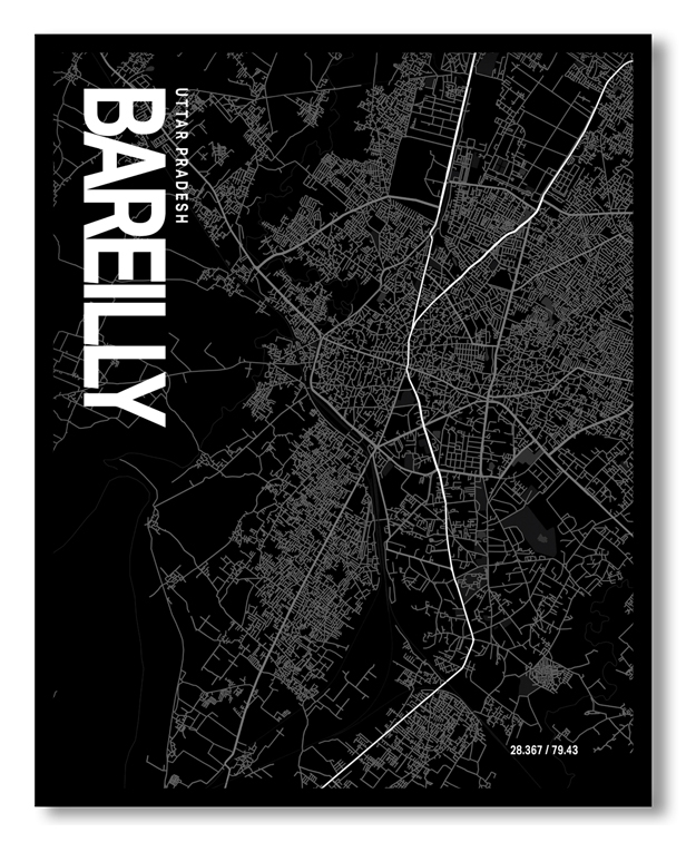 Bareilly Map Art, Black & White, Poster style framed wall art