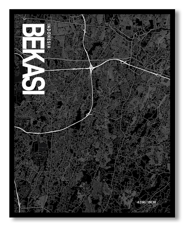 Bekasi Map Art, Black & White, Poster style framed wall art