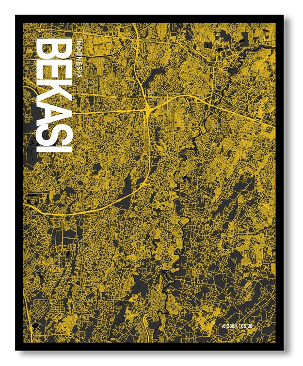 Bekasi Map Art, Yellow-Black, Poster style, Framed & Ready to hang wall art