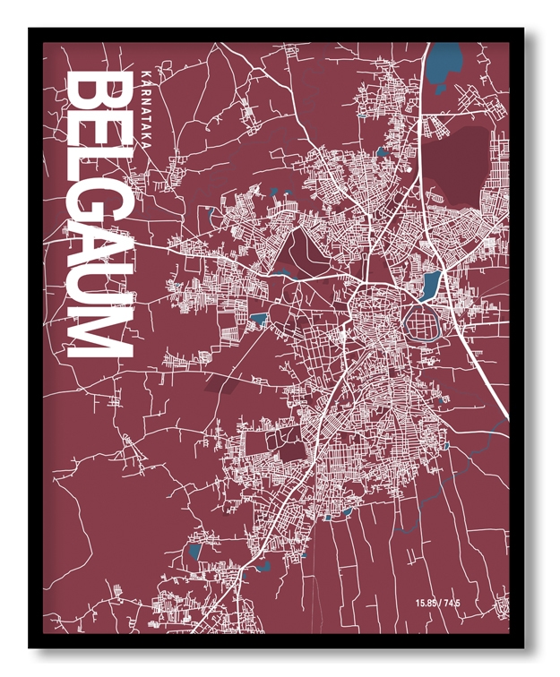 Belgaum Map Art, Red & Blue, Ready to hang, Framed Wall art