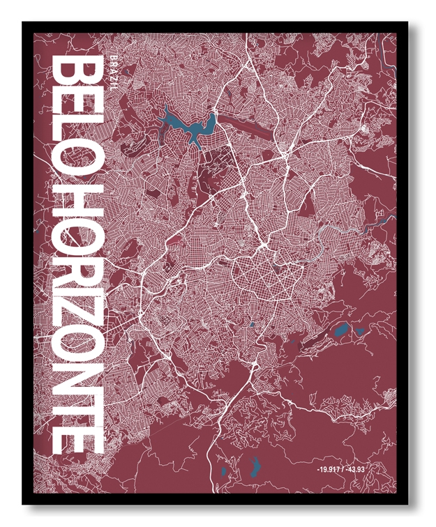Belo Horizonte Map Art, Red & Blue, Ready to hang, Framed Wall art