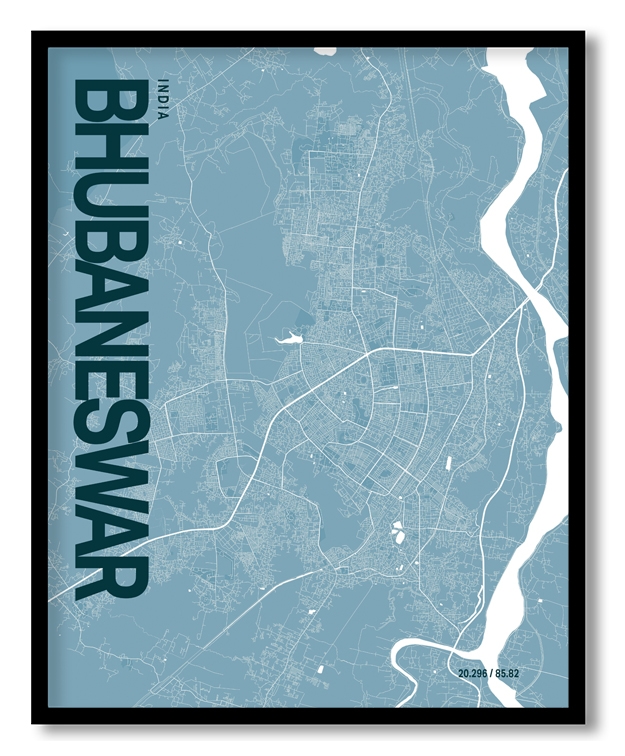 Bhubaneswar Blue Map Art, Ready to hang, Framed Wall art