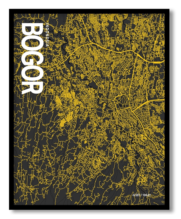 Bogor Map Art, Yellow-Black, Poster style, Framed & Ready to hang wall art