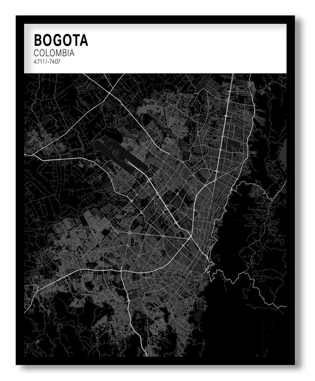 Strip above poster black map of Bogota