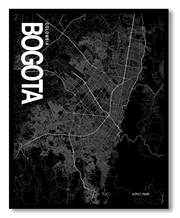 Bogota Map Art, Black & White, Poster style framed wall art