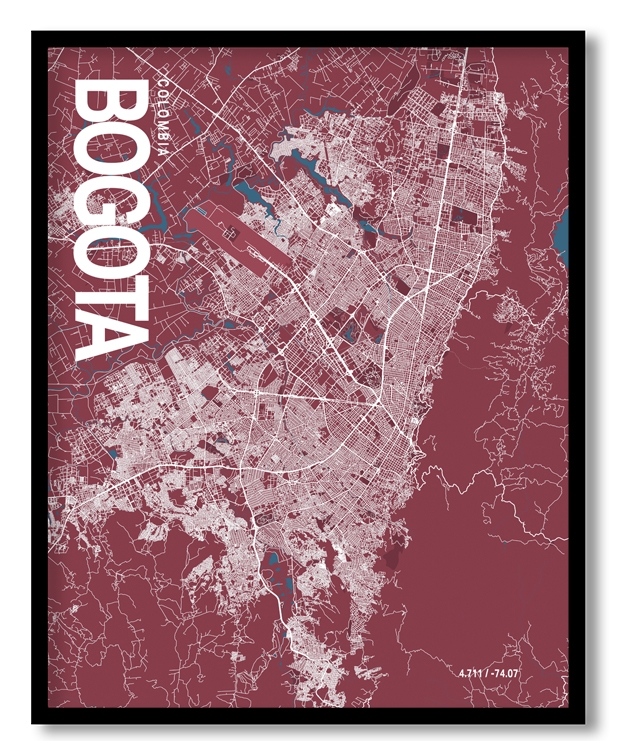 Bogota Map Art, Red & Blue, Ready to hang, Framed Wall art