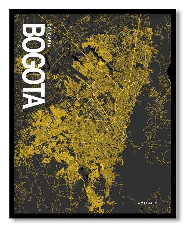 Bogota Map Art, Yellow-Black, Poster style, Framed & Ready to hang wall art