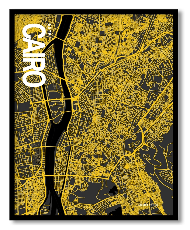 Cairo Map Art, Yellow-Black, Poster style, Framed & Ready to hang wall art