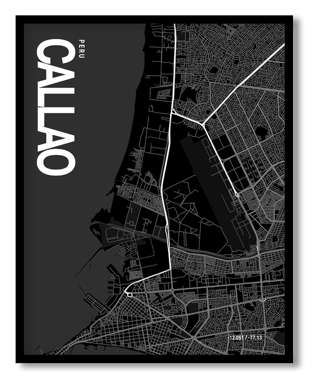 Callao Map Art, Black & White, Poster style framed wall art