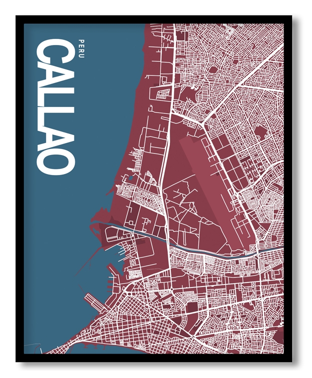 Callao Map Art, Red & Blue, Ready to hang, Framed Wall art