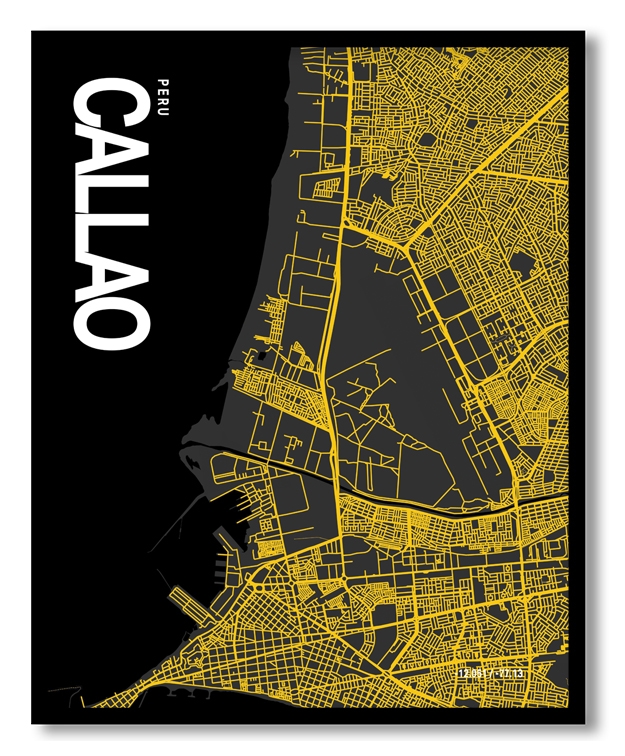 Callao Map Art, Yellow-Black, Poster style, Framed & Ready to hang wall art