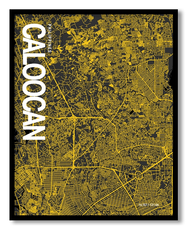 Caloocan Map Art, Yellow-Black, Poster style, Framed & Ready to hang wall art
