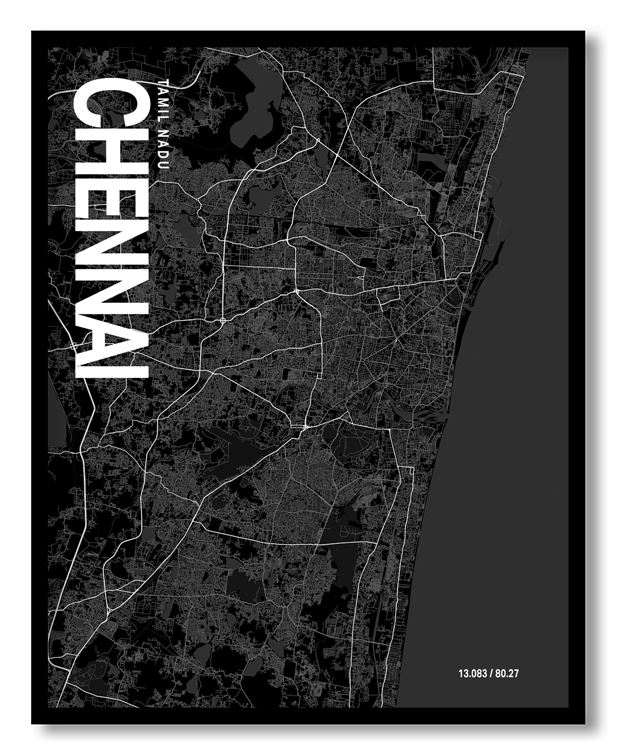 Chennai Map Art, Black & White, Poster style framed wall art