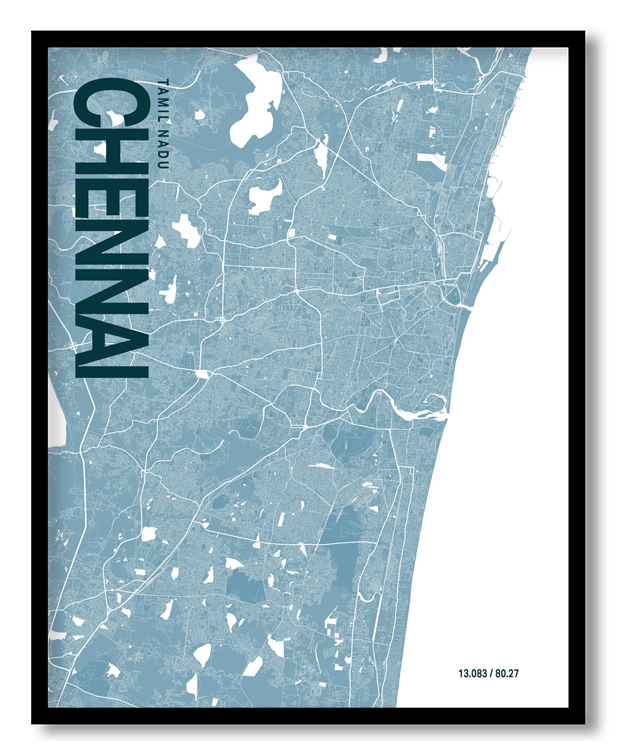 Chennai Blue Map Art, Ready to hang, Framed Wall art