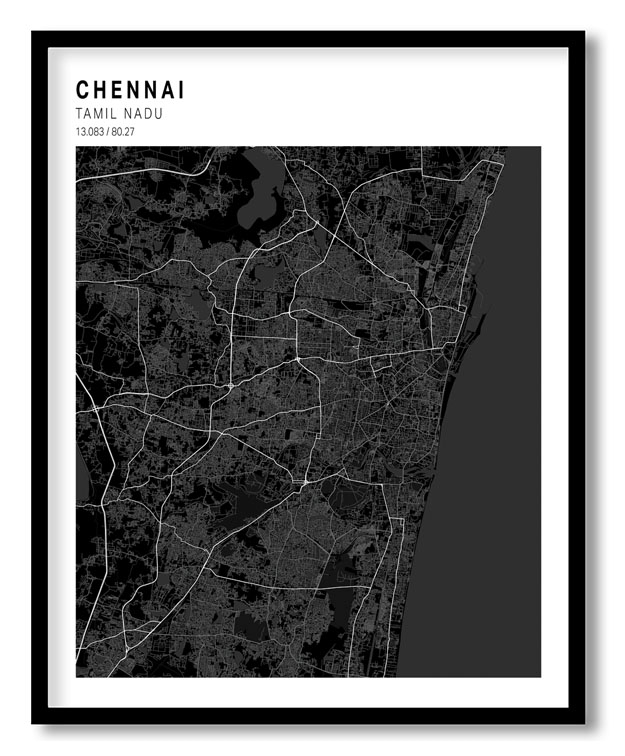 Pantone above black map of Chennai