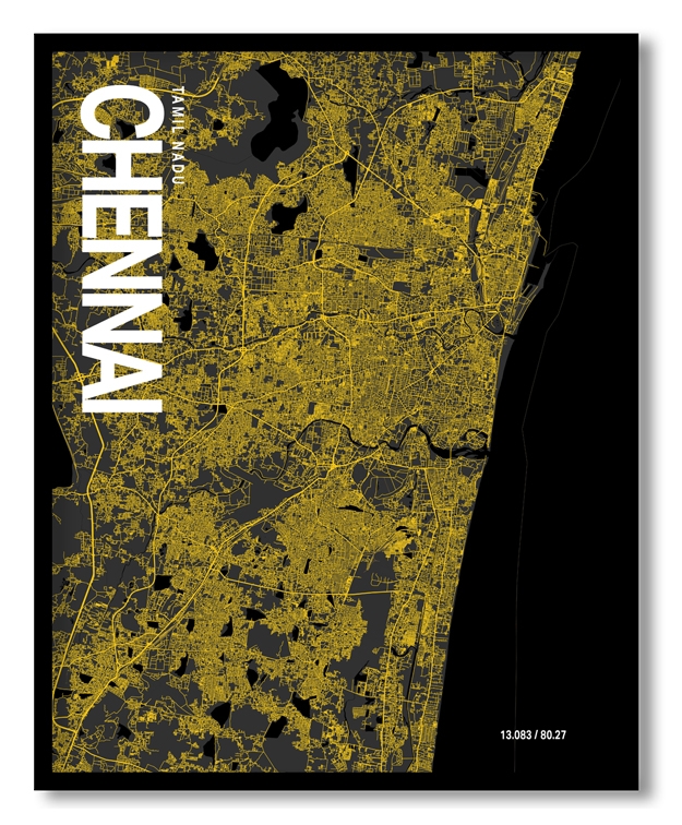 Chennai Map Art, Yellow-Black, Poster style, Framed & Ready to hang wall art