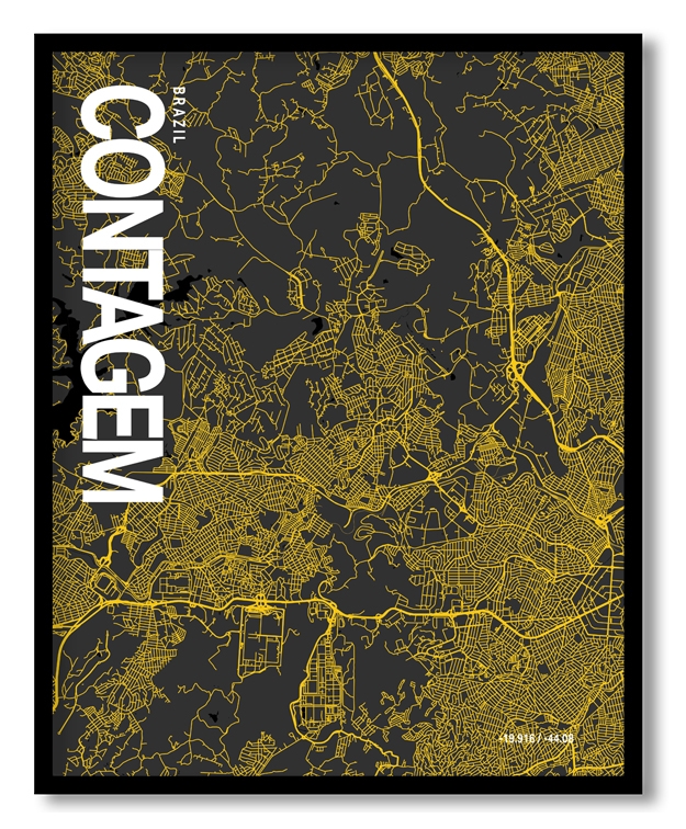 Contagem Map Art, Yellow-Black, Poster style, Framed & Ready to hang wall art