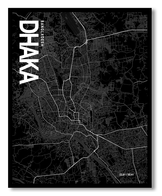 Dhaka Map Art, Black & White, Poster style framed wall art