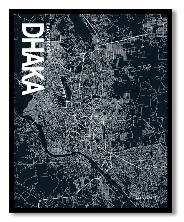 Dhaka Map Art, Dark Blue poster style, Ready to hang wall art