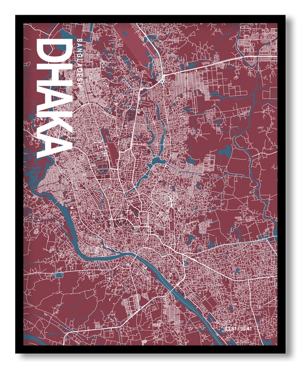 Dhaka Map Art, Red & Blue, Ready to hang, Framed Wall art