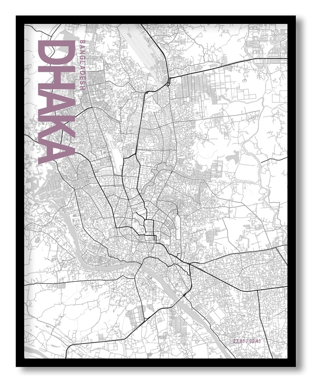 Dhaka White Map Art, Poster style, Framed & Ready to hang wall art