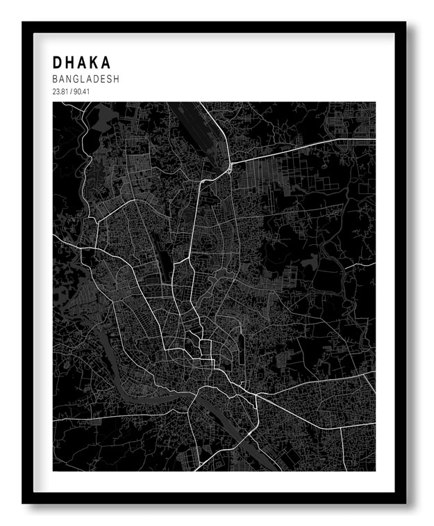 Pantone above black map of Dhaka