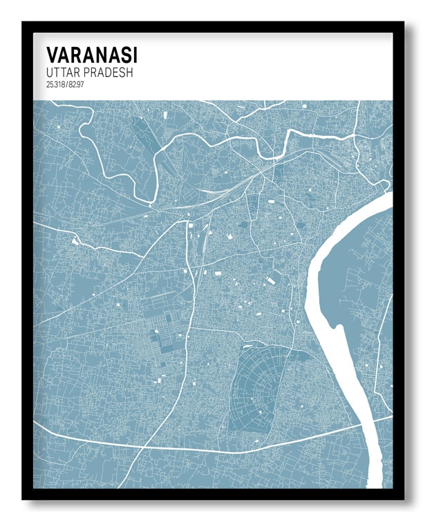 Strip above poster sky blue map of Varanasi