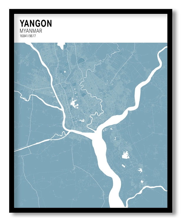 Strip above poster sky blue map of Yangon
